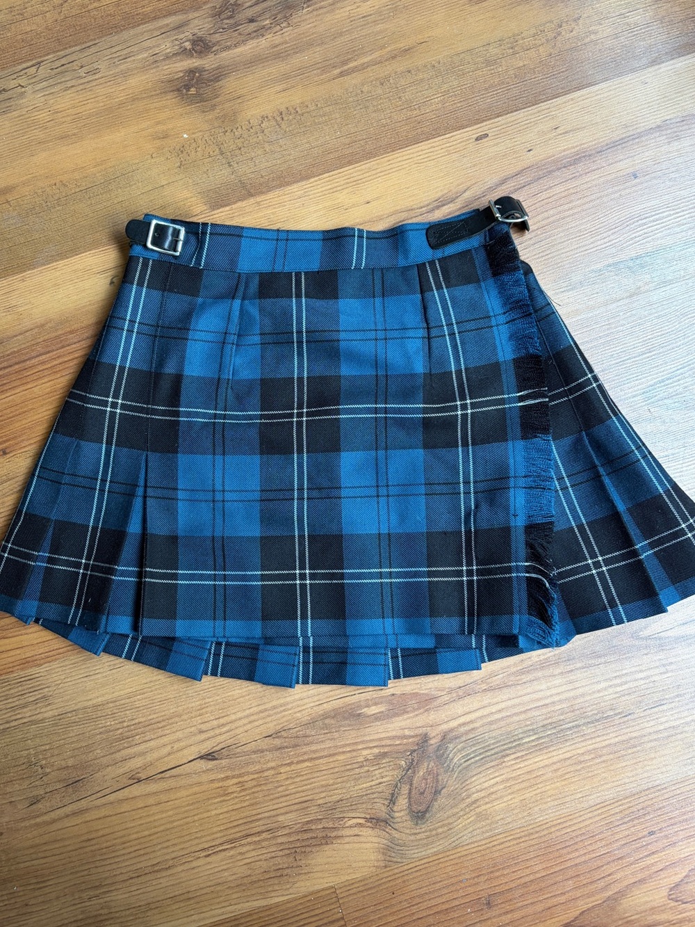 Vintage Blue Plaid Pleated School Uniform Skirt with Buckle Detail